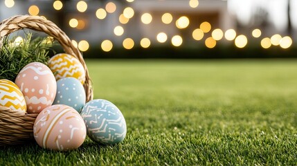 Decorative easter eggs in a basket on green grass with blurred lights in the background during a spring celebration
