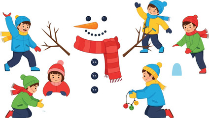 Children building a snowman and playing in the snow during the winter season