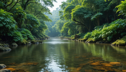 Fototapeta premium Serene river flowing through a lush green tropical forest view