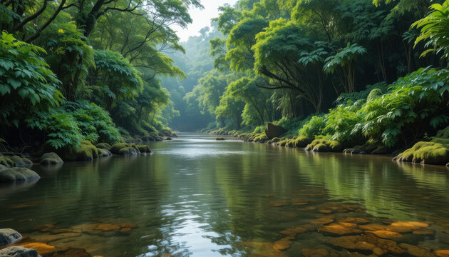Serene river flowing through a lush green tropical forest view