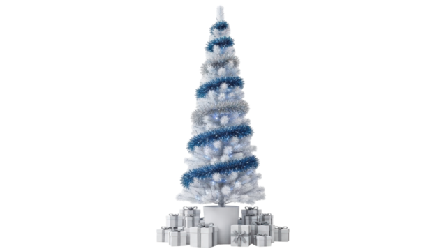 Isolated Christmas tree adorned with festive blue and silver garlands with presents beneath it