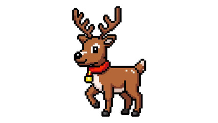 Festive reindeer with a bell ready to bring holiday cheer in a pixel art style, perfect for charming Christmas designs and retro gaming projects