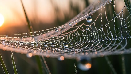 Dew-Kissed Spiderweb: Golden Sunrise Reflections in Delicate Water Droplets.