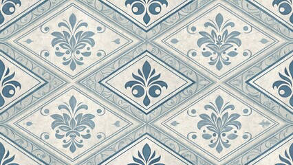 Seamless gray/blue damask pattern with simplified floral motifs inside beige diamond frames. Use for home decor, fabric, wallpaper, or classic/historical blogs/sites.