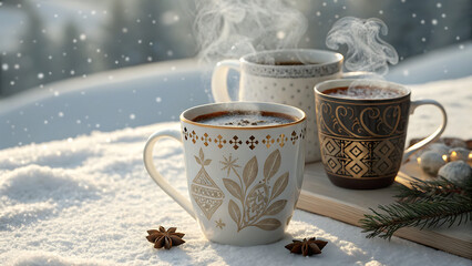Fototapeta premium Three mugs of hot chocolate on a snowy surface with star anise and fir branch