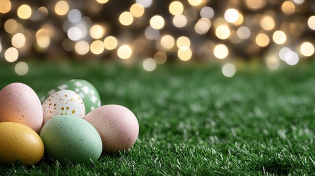 Beautifully decorated eggs resting on lush green grass with sparkling bokeh lights in the background during a joyful spring celebration