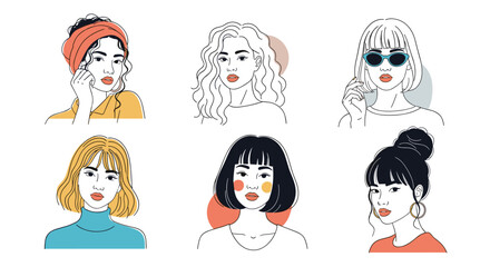 Collection of six diverse and stylish women's portraits in a modern line art style with abstract color accents.