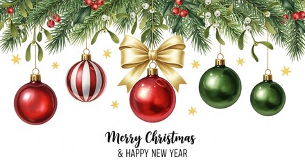 Watercolor Christmas Garland Border with Red and Green Ornaments, Golden Bow, and Holiday Greeting Text
