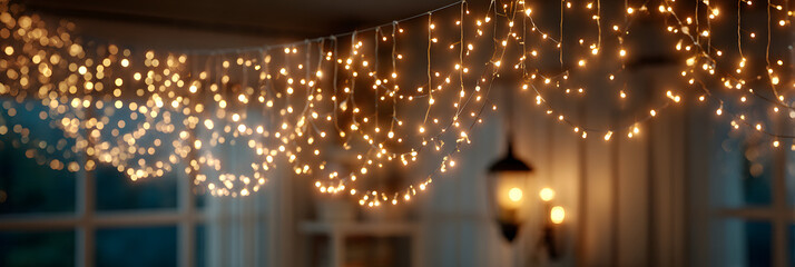 Illuminated 2026 year number light garland, festive decoration for New Year's Eve celebration in a cozy home interior with blurred background
