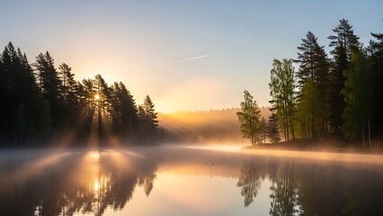 Ethereal Golden Sun Rays Through Misty Forest Lake at Dawn Reflecting Tranquil Waters.