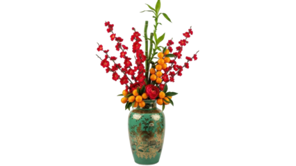 Isolated Oriental style blossom floral arrangement in ceramic vase with bamboo shoots