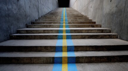 Concrete stairs upward, painted blue and yellow pathway