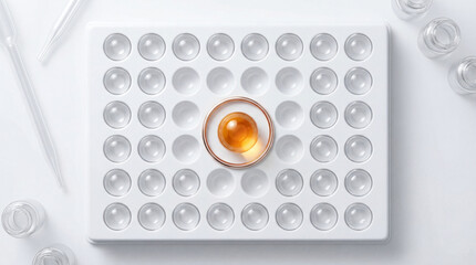Drug discovery concept with glowing amber sphere protected by rose gold ring in grid.
