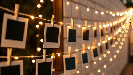 Vision Board String of fairy lights illuminating instant photos hanging on a wall