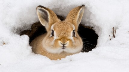 Cute rabbit peeking out of a snow-covered burrow in a winter landscape showcasing natural wildlife in its habitat