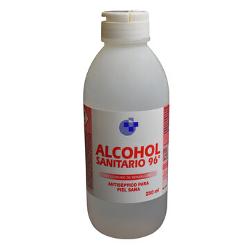 Botella de alcohol sanitario.