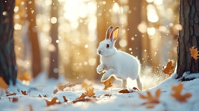 A white rabbit gracefully hops through a serene snowy forest, where vibrant autumn leaves still cling to the trees, under a bright winter sun