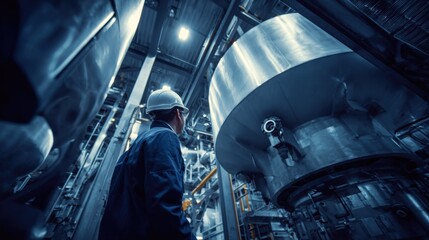 Engineer wearing hard hat inspecting large industrial equipment in a factory setting