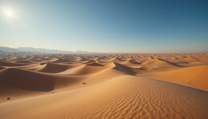 Expansive desert landscape with rolling sand dunes under sky