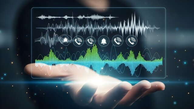 Hand Holding Digital Audio Waveform Interface: Sound Analysis, Communication Technology, and Data Visualization Concept