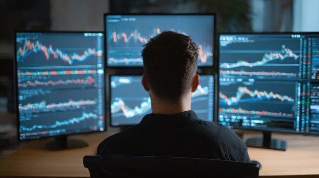 A man is looking at multiple computer monitors displaying stock market data and trading charts