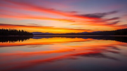 Fiery Sunset Reflection on Calm Lake with Silhouetted Trees and Distant Mountains.