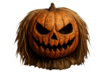 Scary jack-o'-lantern with straw hair featuring an evil carved face, representing halloween horror and spooky traditions
