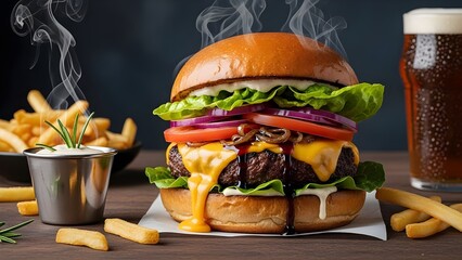 Delicious Cheeseburger with Fries and Beer: Gourmet Burger Meal for Restaurant Menu or Food Blog (Studio Shot)