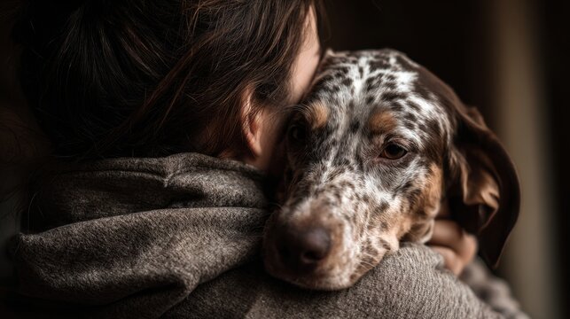 Close up of a person's shoulder as a spotted dog rests its head affectionately