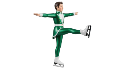 Isolated Male figure skater with green suit and white skates raising one leg sideways