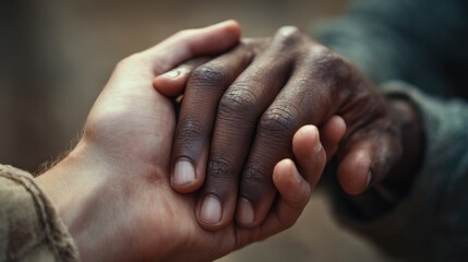 Fototapeta premium Close up of diverse hands holding signifying unity support and connection across different skin tones