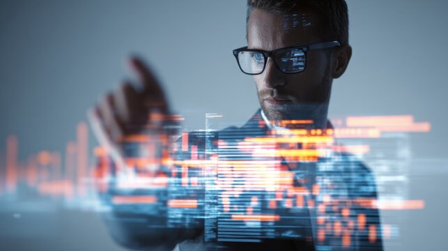 Man in glasses touching glowing digital data streams abstract futuristic technology interface