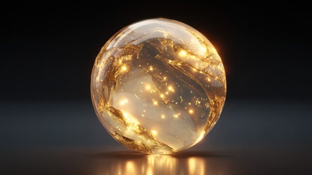 A transparent sphere with golden glowing internal structures set against a dark background