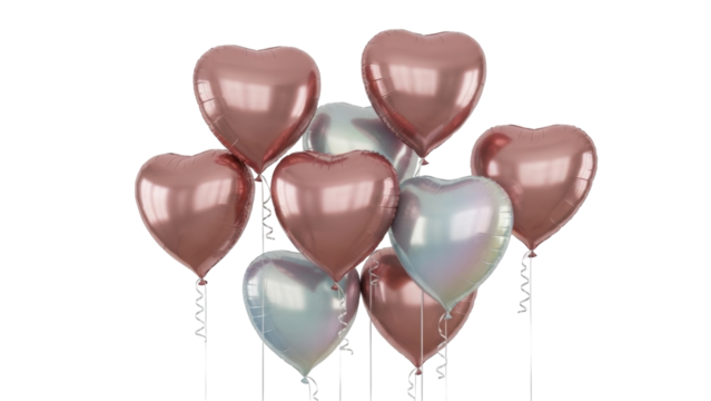 Isolated heart-shaped party balloons in rose gold and silver for wedding or birthday decor