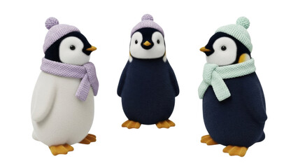 Isolated Decorative Figurines Featuring Three Penguins Wearing Knit Hats and Scarves Adorable