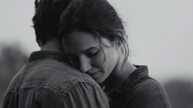 Black and white close up of a woman embracing a man with eyes closed in a moment of tenderness