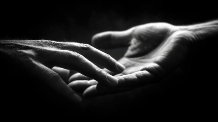Two hands one aged and one younger reaching out to touch in a dramatic black and white composition