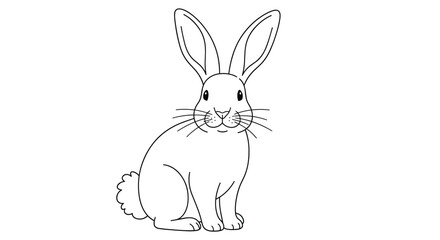 Obraz premium Simple black and white line art drawing of a cute rabbit sitting upright on a plain white background for coloring or design.
