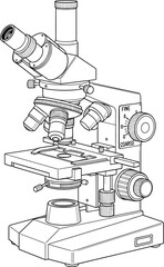 Detailed illustration of a laboratory microscope, scientific instrument, biology research tool, optical device, precision equipment for study