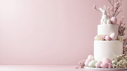 A beautifully designed Easter cake adorned with pastel decorations, featuring a charming bunny figurine, placed against a gentle pink backdrop