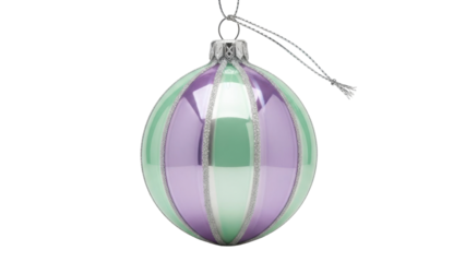 Isolated Christmas ornament with violet and green stripes, holiday decoration closeup