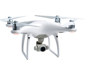 White quadcopter drone with camera isolated on transparent background