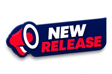 Bold new release announcement megaphone graphic with red and white text on a dark blue banner