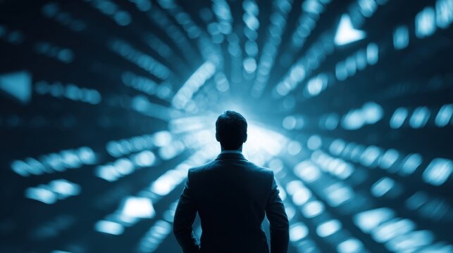 Man in suit standing in front of abstract glowing blue digital tunnel light background