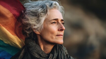 Senior woman with gray hair draped in a rainbow flag looks thoughtfully into the distance