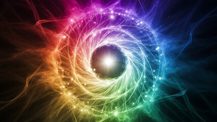 Vibrant Abstract Swirl with Central Light Burst and Rainbow Hues.