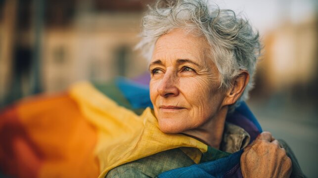 Senior woman with grey hair wrapped in a rainbow flag looking thoughtfully into the distance