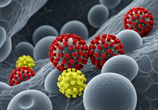 Microscopic view of coronavirus particles interacting with blood cells - Powered by Adobe