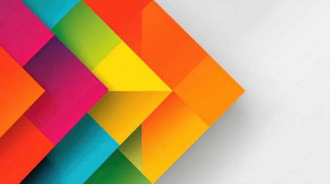 Abstract geometric pattern with overlapping colorful squares and triangles on a light gray background