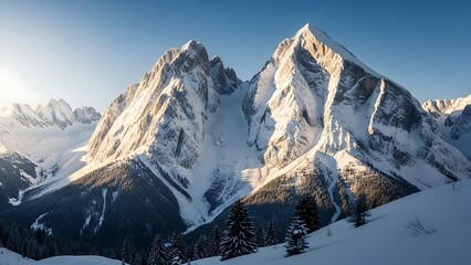 Golden Light on Majestic Snow-Capped Alpine Peaks and Pine Forests Dramatic Winter Mountain Landscape.